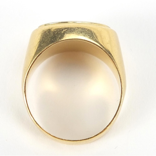 333 - Unmarked gold signet ring, (tests as 15ct+ gold) size Q, 6.8g