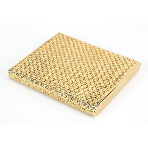 55 - 18ct gold basket weave design cigarette case with blue sapphire push button, marked 750 to the inter... 