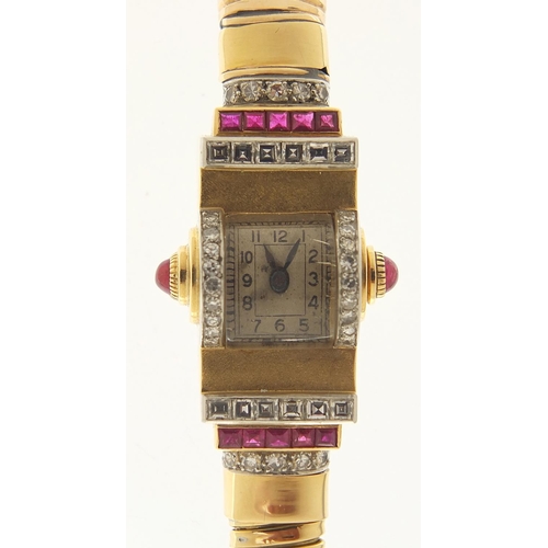 130 - Art Deco ladies unmarked gold, diamond and ruby cocktail watch, (tests as 15ct+ gold), the case 14mm... 