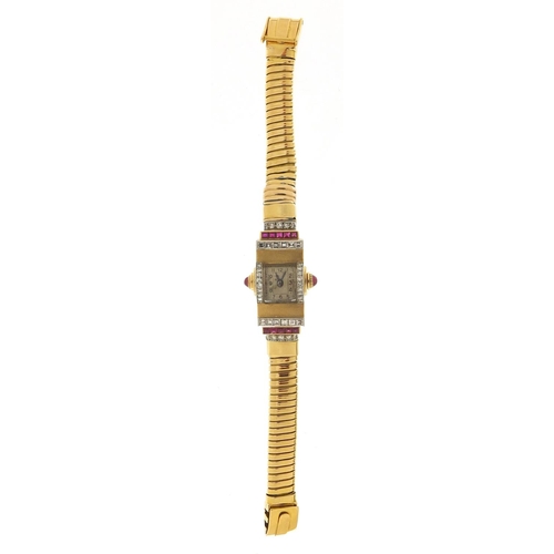 130 - Art Deco ladies unmarked gold, diamond and ruby cocktail watch, (tests as 15ct+ gold), the case 14mm... 