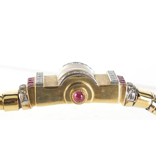 130 - Art Deco ladies unmarked gold, diamond and ruby cocktail watch, (tests as 15ct+ gold), the case 14mm... 