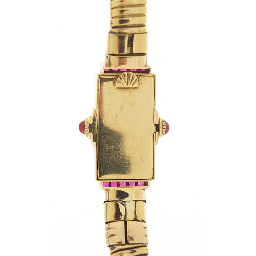 130 - Art Deco ladies unmarked gold, diamond and ruby cocktail watch, (tests as 15ct+ gold), the case 14mm... 