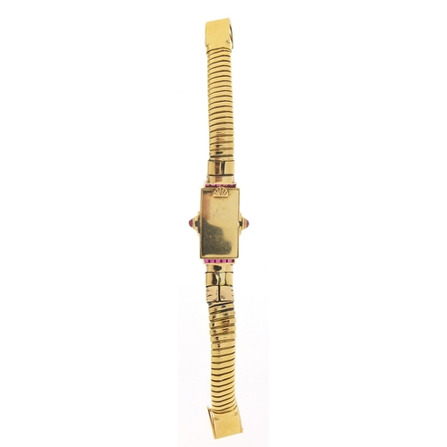 130 - Art Deco ladies unmarked gold, diamond and ruby cocktail watch, (tests as 15ct+ gold), the case 14mm... 