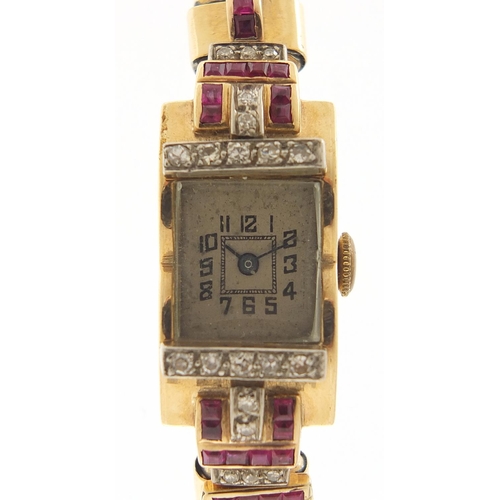 135 - Art Deco ladies unmarked gold, diamond and ruby cocktail watch, (tests as 15ct gold +) the case 15mm... 