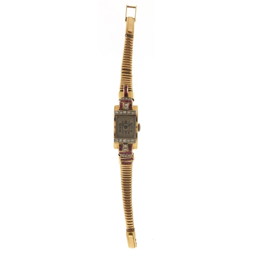 135 - Art Deco ladies unmarked gold, diamond and ruby cocktail watch, (tests as 15ct gold +) the case 15mm... 