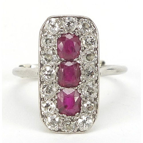 99 - Art Deco platinum ruby and diamond ring, the head of the ring 19mm x 10mm, size N, 3.7g