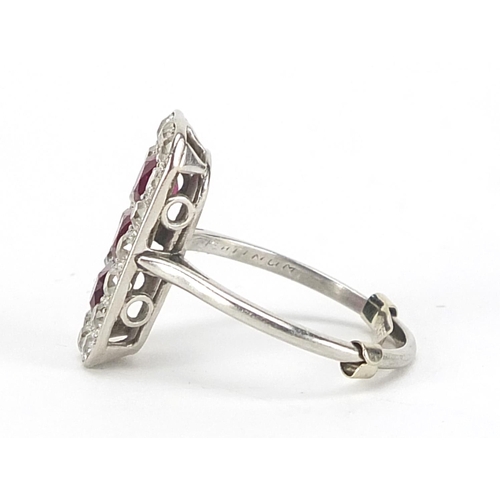 99 - Art Deco platinum ruby and diamond ring, the head of the ring 19mm x 10mm, size N, 3.7g