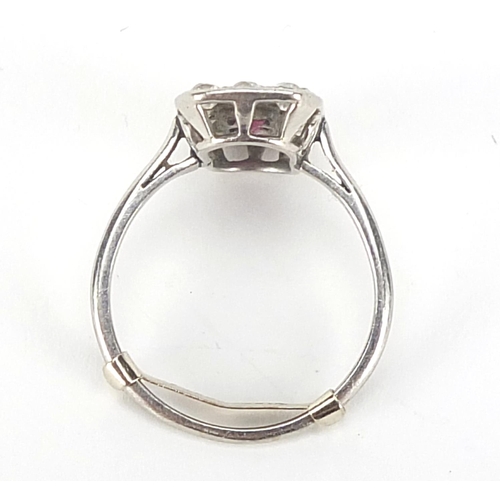 99 - Art Deco platinum ruby and diamond ring, the head of the ring 19mm x 10mm, size N, 3.7g