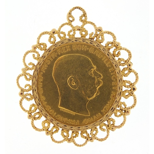 185 - Austrian gold 1915 one hundred corona coin with unmarked gold pendant mount, 6cm high, 45.2g