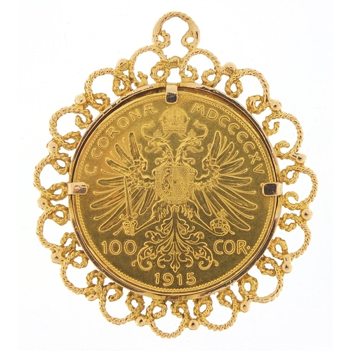 185 - Austrian gold 1915 one hundred corona coin with unmarked gold pendant mount, 6cm high, 45.2g