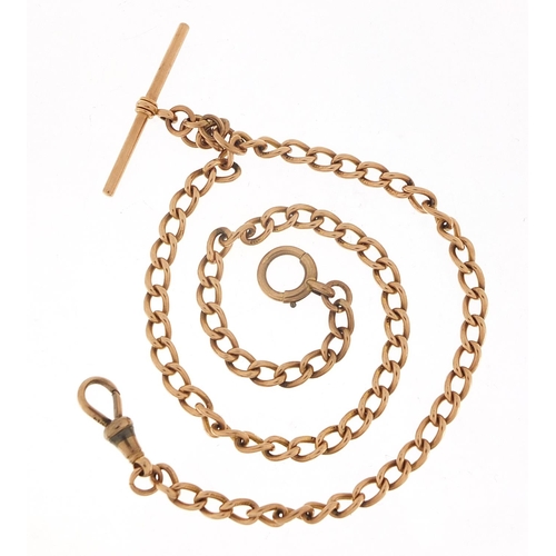 302 - 9ct rose gold watch chain with T bar, 35cm in length, 17.8g