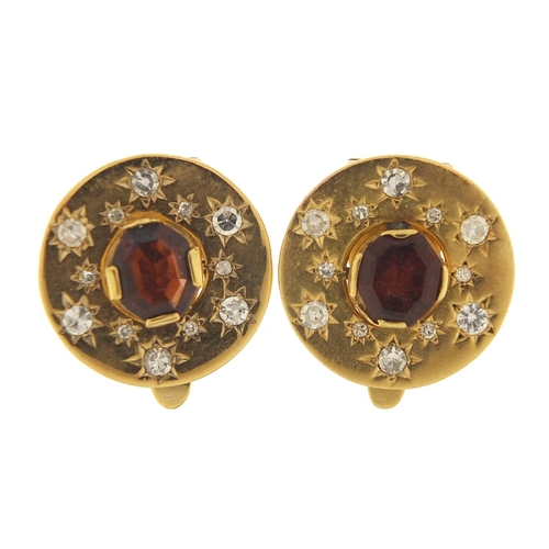 57 - Pair of continental unmarked gold diamond and garnet clip on earrings, (tests as 15ct+ gold) 1.8cm i... 