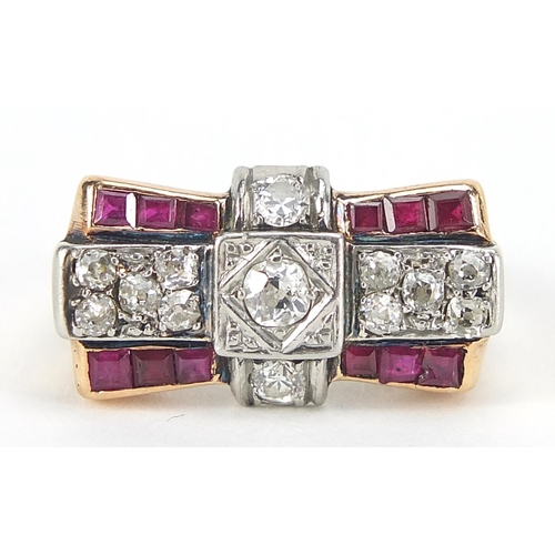 46 - Art Deco unmarked gold diamond and ruby ring of bow design, (tests as 15ct+ gold) the central diamon... 