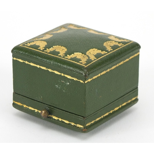 419 - Cartier, tooled green leather ring box with velvet and silk lined interior, 3.8cm D x 4.5cm W x 4.5c... 