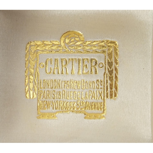 419 - Cartier, tooled green leather ring box with velvet and silk lined interior, 3.8cm D x 4.5cm W x 4.5c... 