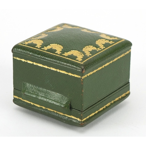 419 - Cartier, tooled green leather ring box with velvet and silk lined interior, 3.8cm D x 4.5cm W x 4.5c... 