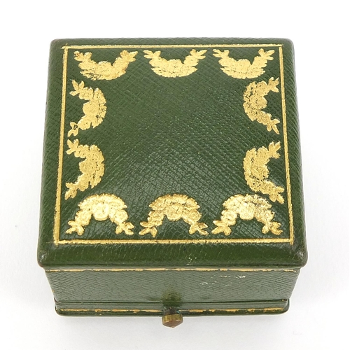 419 - Cartier, tooled green leather ring box with velvet and silk lined interior, 3.8cm D x 4.5cm W x 4.5c... 