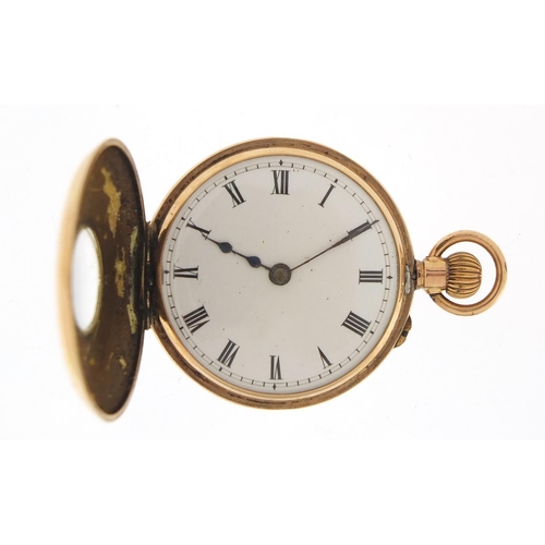 223 - Ladies 9ct gold and enamel half hunter pocket watch, 34mm in diameter, 28.0g