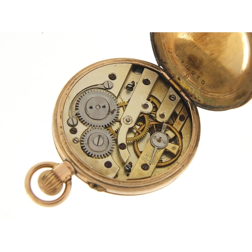 223 - Ladies 9ct gold and enamel half hunter pocket watch, 34mm in diameter, 28.0g