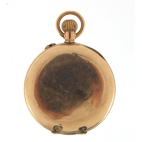 223 - Ladies 9ct gold and enamel half hunter pocket watch, 34mm in diameter, 28.0g