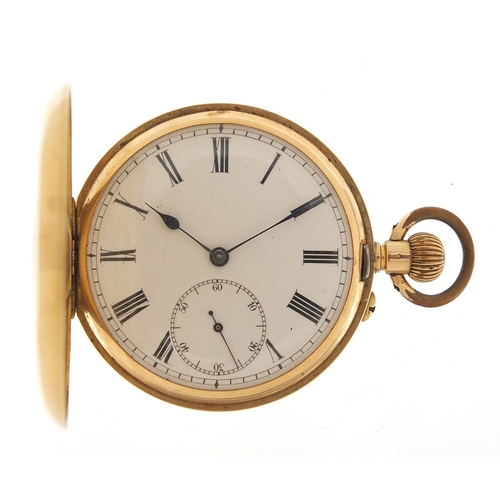 386 - 14ct gold gentlemen's open face pocket watch with enamel dial, 50mm in diameter, 89.5g