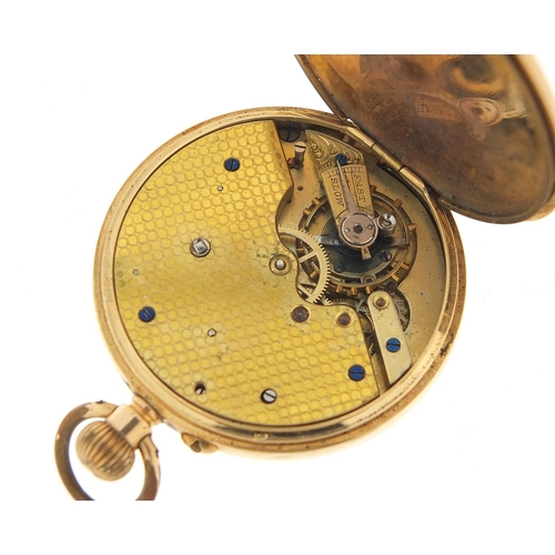 386 - 14ct gold gentlemen's open face pocket watch with enamel dial, 50mm in diameter, 89.5g