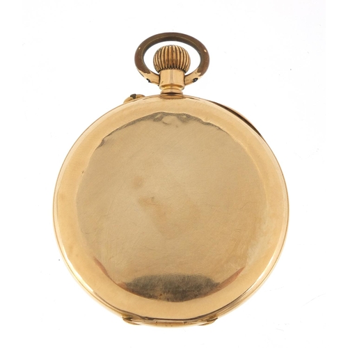 386 - 14ct gold gentlemen's open face pocket watch with enamel dial, 50mm in diameter, 89.5g