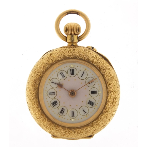 98 - Camerer Cuss & Co, 18ct gold ladies open face pocket watch with ornate enamelled dial and chased cas... 