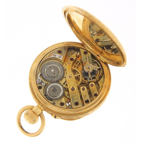 98 - Camerer Cuss & Co, 18ct gold ladies open face pocket watch with ornate enamelled dial and chased cas... 