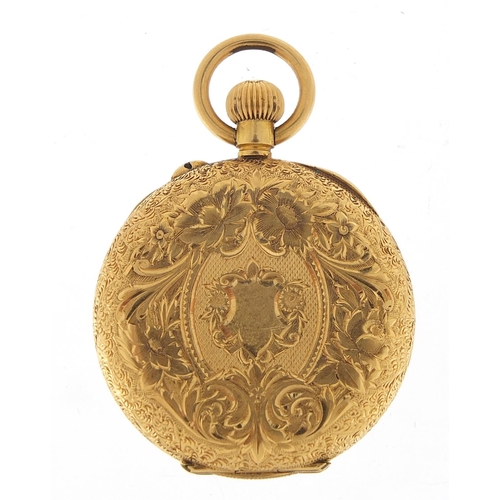 98 - Camerer Cuss & Co, 18ct gold ladies open face pocket watch with ornate enamelled dial and chased cas... 