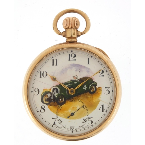 166 - 9ct gold gentlemen's open face pocket watch, the dial hand painted with a classic car, 53mm in diame... 