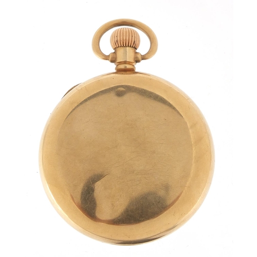 166 - 9ct gold gentlemen's open face pocket watch, the dial hand painted with a classic car, 53mm in diame... 