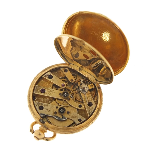 288 - 18ct gold ladies pocket watch with ornate dial and chased case, 37mm in diameter, 23.6g