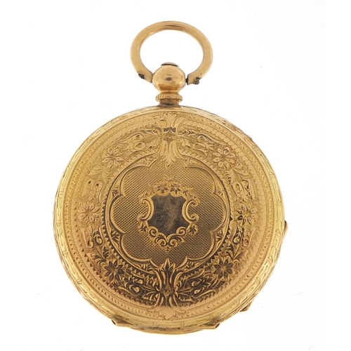 288 - 18ct gold ladies pocket watch with ornate dial and chased case, 37mm in diameter, 23.6g