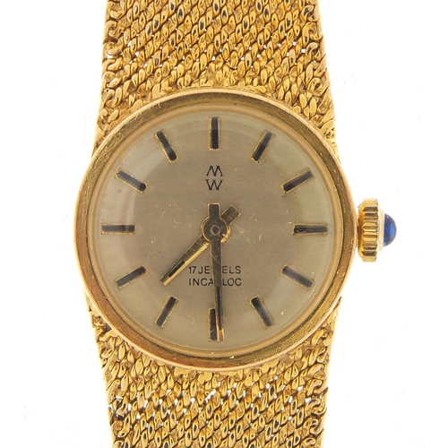 408 - MW, ladies 9ct gold manual wristwatch with 9ct gold strap, 20mm in diameter, 31.0g