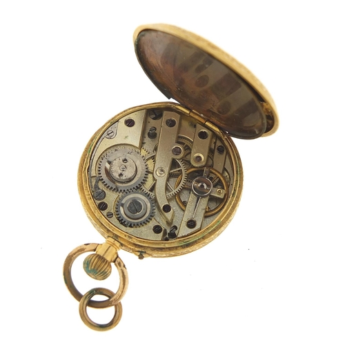 247 - 18ct gold ladies open face pocket watch with ornate dial and chased case, 29mm in diameter, 19.0g