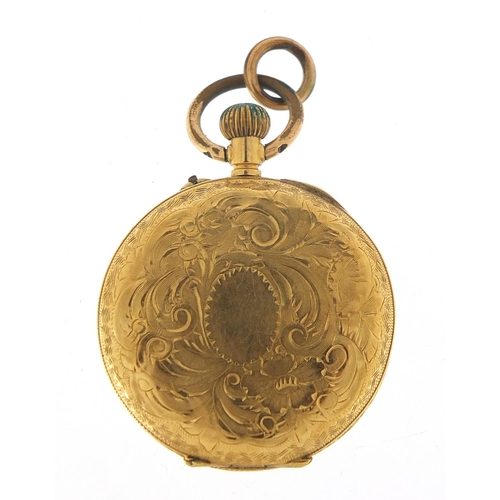 247 - 18ct gold ladies open face pocket watch with ornate dial and chased case, 29mm in diameter, 19.0g