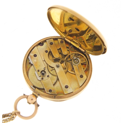 273 - Unmarked gold ladies pocket watch with 9ct gold suspension loop, gold coloured metal watch chain and... 