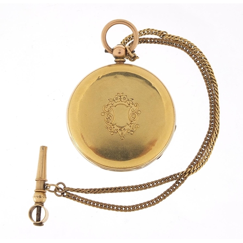 273 - Unmarked gold ladies pocket watch with 9ct gold suspension loop, gold coloured metal watch chain and... 