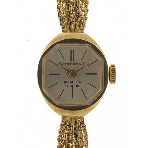 423 - Commodoor ladies 14ct gold wristwatch with 14ct gold strap, the case 13.8mm wide, 11.4g