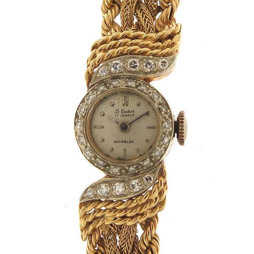 60 - Le Courier, ladies 14ct gold and diamond manual wind wristwatch with 14ct gold rope twist strap, 14.... 