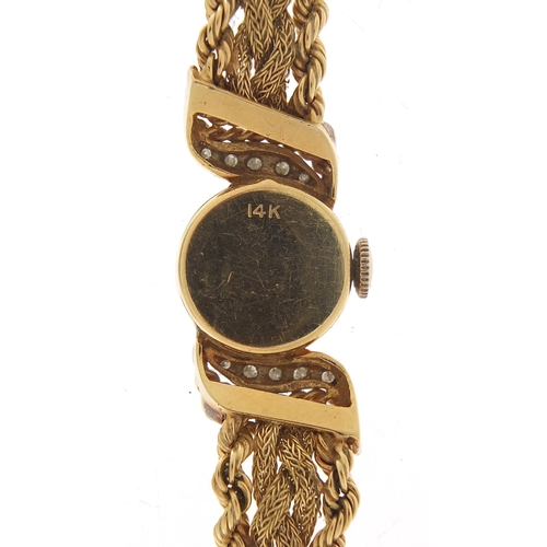 60 - Le Courier, ladies 14ct gold and diamond manual wind wristwatch with 14ct gold rope twist strap, 14.... 