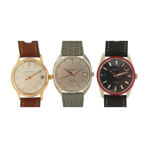 401 - Eterna, three gentlemen's wristwatches including two Eterna-matic, two with date apertures