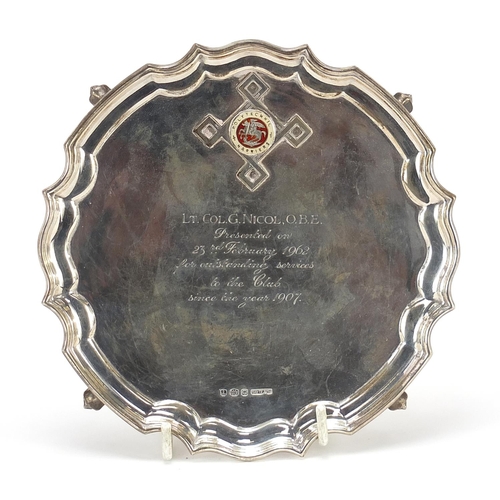 772 - Olympic interest silver salver with enamelled Polytechnic Harriers plaque presented to Lieutenant.Co... 