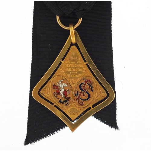 763 - Olympic interest gold coloured metal and enamel Polytechnic Harriers jewel with silk ribbon, awarded... 