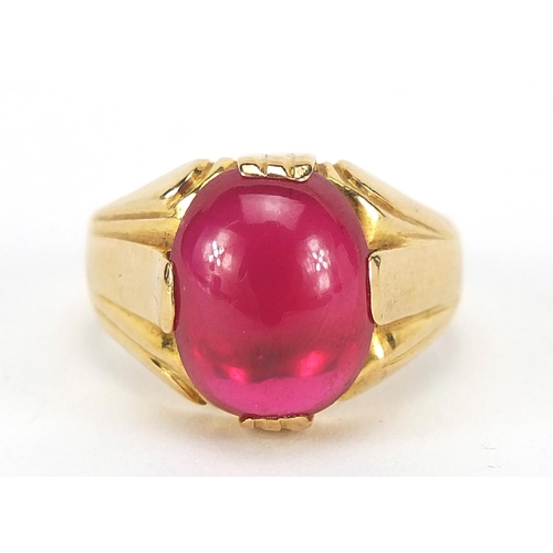 90 - 18ct gold cabochon ruby ring, the stone 14mm x 10.5mm x 5.8mm deep, size T, 13.0g