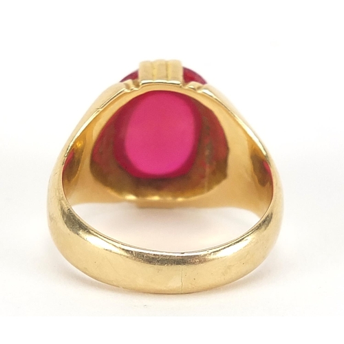 90 - 18ct gold cabochon ruby ring, the stone 14mm x 10.5mm x 5.8mm deep, size T, 13.0g