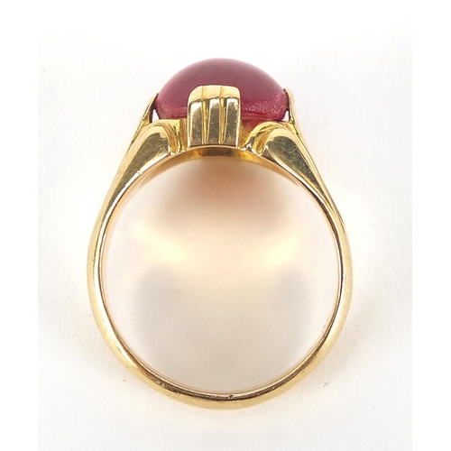 90 - 18ct gold cabochon ruby ring, the stone 14mm x 10.5mm x 5.8mm deep, size T, 13.0g