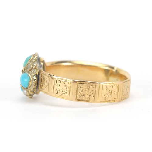 142 - Victorian 18ct gold turquoise and seed pearl ring with chased band, London 1866, size P, 4.0g