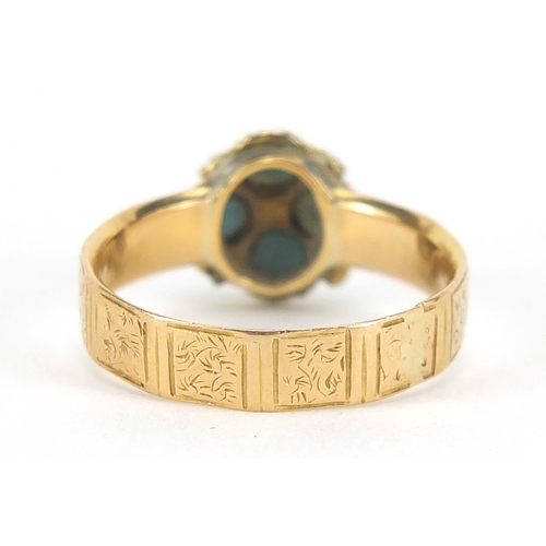 142 - Victorian 18ct gold turquoise and seed pearl ring with chased band, London 1866, size P, 4.0g